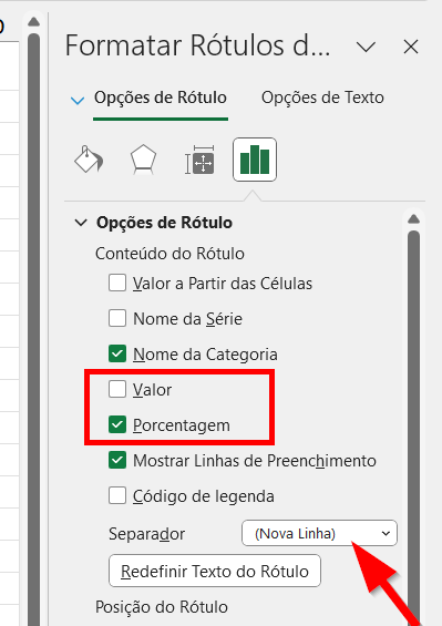 Marque a opção Porcentagem para exibir a porcentagem no gráfico