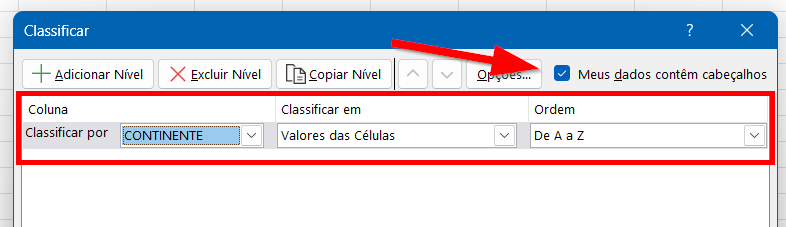 Opções de classificação dos níveis