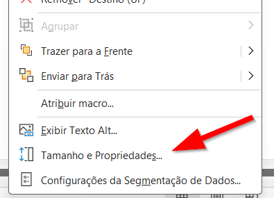 Opções de tamanho e propriedades