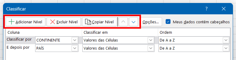 Opções para inserção, exclusão, cópia e ordenamento dos níveis