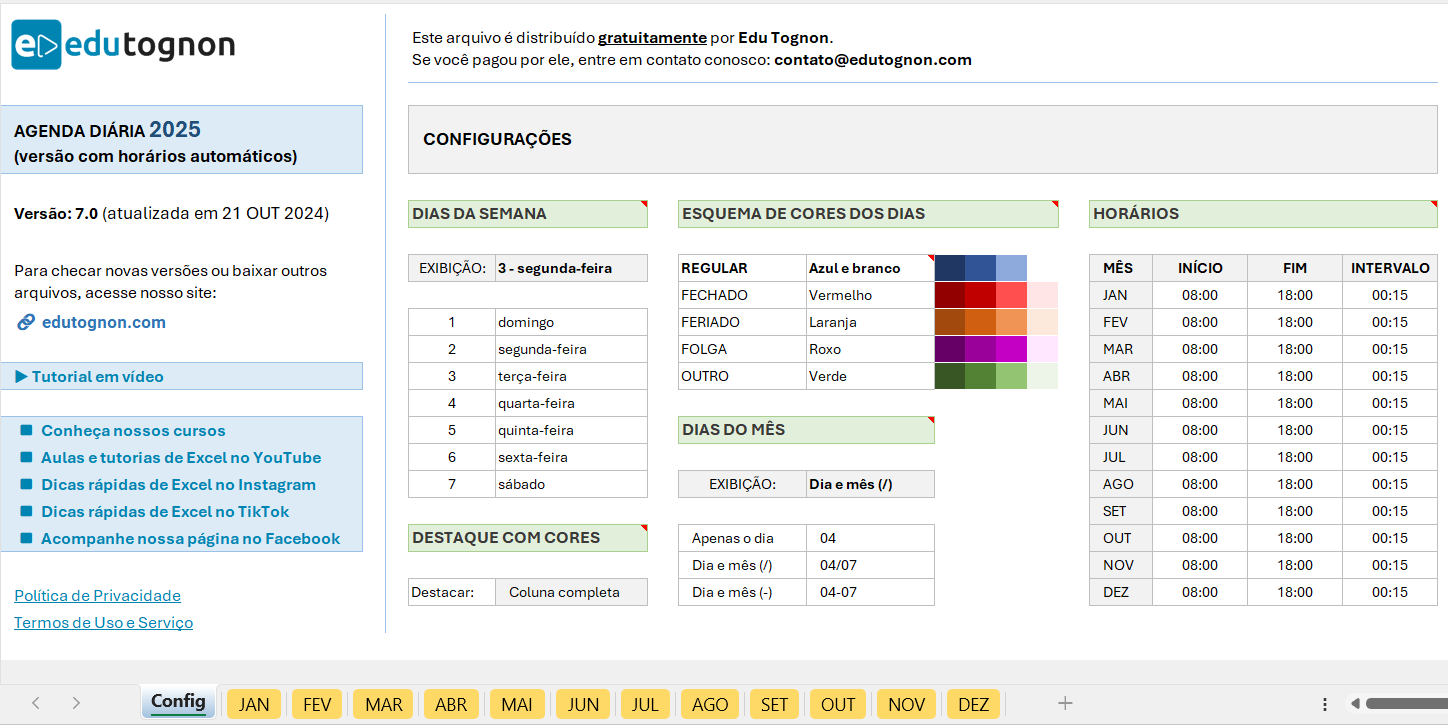 Agenda diária em Excel 01